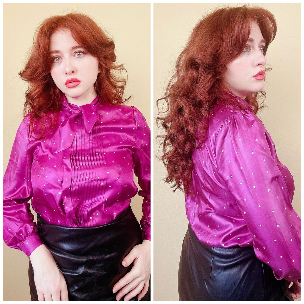 1980s Hanae Mori Tops Silky Blouse / 80s Magenta Pleated Ascot Star Print Small